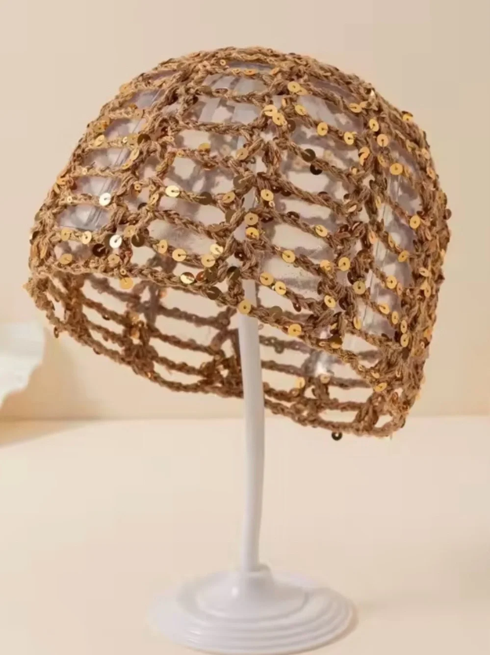 8 Other Reasons Gold Sequin Open-Weave Crochet Beanie